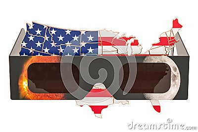 Solar Eclipse in USA concept, American map with solar eclipse glasses. 3D rendering Stock Photo