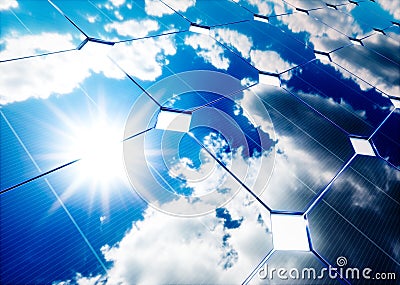 Solar energy concept. Blue sky reflection on photovoltaic panel. Stock Photo