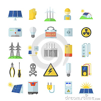 Solar energy equipment icons set, flat style Vector Illustration