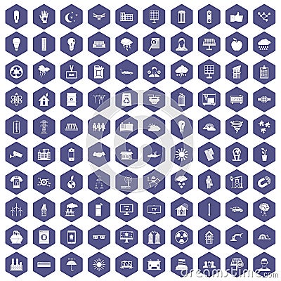 100 solar energy icons hexagon purple Vector Illustration