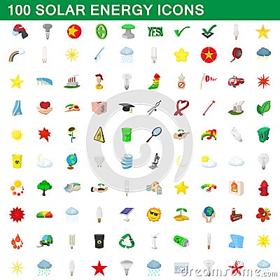 100 solar energy icons set, cartoon style Vector Illustration