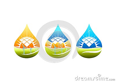 Solar energy logo, windmill symbol, pumb water power icon and natural electric concept design Vector Illustration