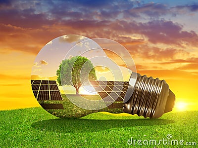 Solar energy panels in light bulb at sunset. Stock Photo