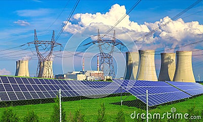 Solar energy panels before a nuclear power plant Dukovany Stock Photo