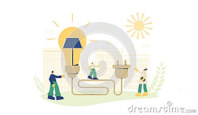 Solar energy system concept. Installing solar modules. Scene with people group and renewable alternative electricity symbol. Vector Illustration