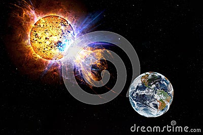 Solar flare flying towards Earth. the sun attacks earth. Stock Photo