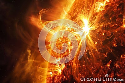 Solar flares, powerful eruptions on the sun's surface, emit intense radiation Stock Photo