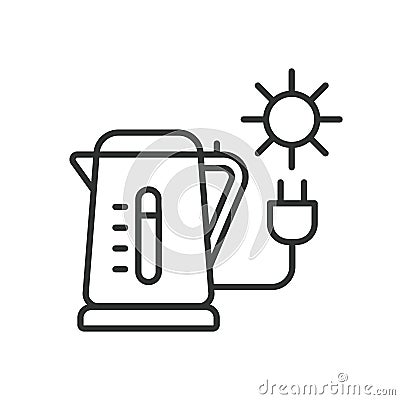 Solar Kettle icon in line design. Kettle, icon, water, heat, sun, energy, boil, hot, portable isolated on white Stock Photo