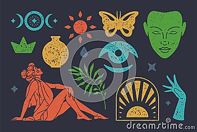 Bohemian textured vector symbols set. Solar mystical gate with boho meditative face. Seated antique woman in cape Vector Illustration