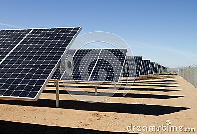 Solar panel energy collector farm Stock Photo