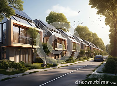 Solar panel equipped residences showcase eco-friendliness amidst lush green surroundings. Generative AI. Stock Photo