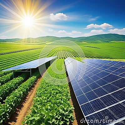 solar panel with green agriculture and energy technology Cartoon Illustration