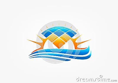 Solar panel logo, sun modul symbol, nature wave electricity, wind heating, power icon, and energy concept design Vector Illustration