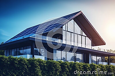 solar panel powered house with blue sky with Generative AI Cartoon Illustration