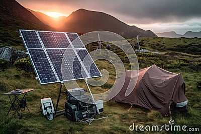 Solar Panel On Remote Campipng Site. Generative AI Stock Photo