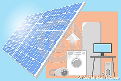 Solar Panel on a roof of house - renewable energy power for life. Vector Cartoon Illustration