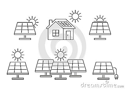 Solar panel separate and on house, accumulate sun energy, line icon set. Alternative electric generation from sunlight Vector Illustration