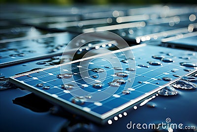Solar Panel Texture and Details on Rooftop Close-Up, Sunlight Reflection. Renewable Energy Concept Stock Photo