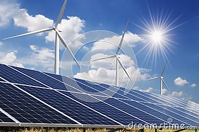 solar panel and wind turbine blue sky with sun background. concept clean power Stock Photo