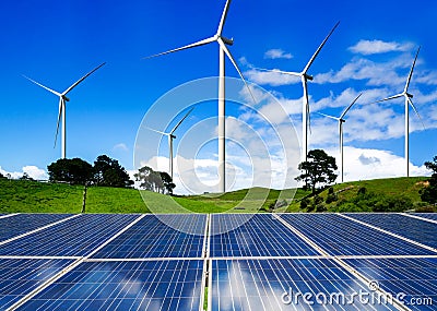 Solar panel and wind turbine farm clean energy Stock Photo