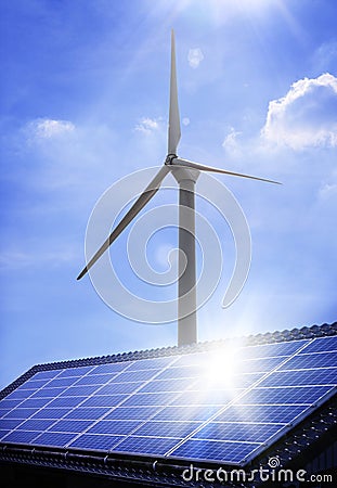 Solar panel and windmill Stock Photo