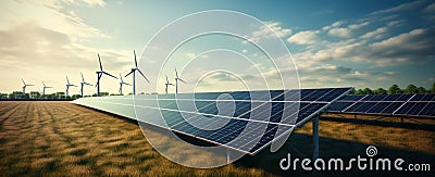 solar panelling and windmills in a field Stock Photo
