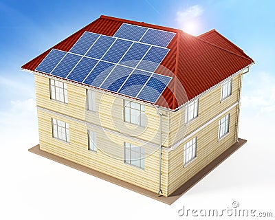 Solar panels being installed on building rooftop. 3D illustration Cartoon Illustration