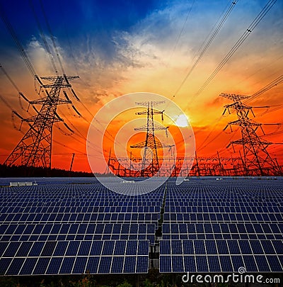 Solar panels and electrical towers, power equipment Stock Photo