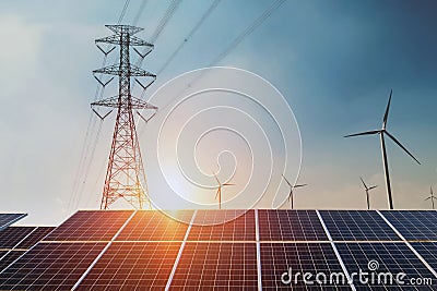 Solar panels with electricity pylon and wind turbine Clean power Stock Photo