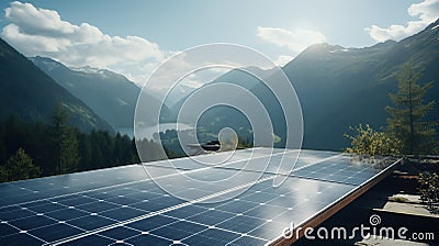 Solar panels generating clean energy in a remote location. Beautiful landscape with mountains and lake. Generative AI Stock Photo