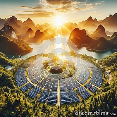 Solar Panels in Green Landscape: Sustainable Energy Concept . Stock Photo