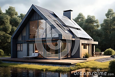Solar panels with house, Ecological environment concept, Passive house with solar panels Stock Photo