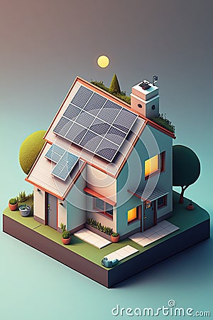 Solar panels on idilic 3D house. Natural resource of energy. Generative AI Stock Photo