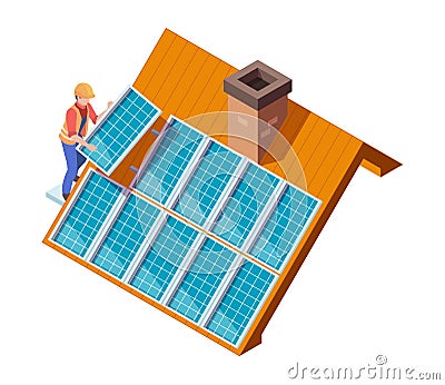 Solar panels installation. Worker making modern eco suny panel on roof renewable electricity systems vector isometric Stock Photo