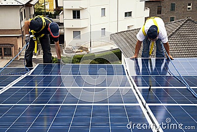 Solar panels installing Stock Photo