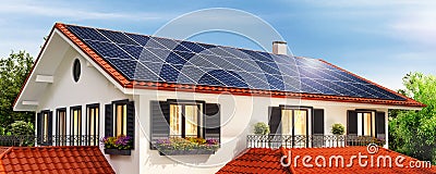 Solar panels on the red roof of a beautiful house and clear sky Stock Photo