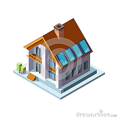 Solar panels on roof. Green eco energy sunny economy photovoltaic panels vector isometric house Vector Illustration