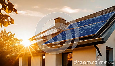 Solar Panels on the Roof of a House at Dawn with Sunbeams Stock Photo
