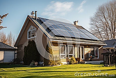 Solar panels on roof of the house renewable energy . Generative AI Stock Photo