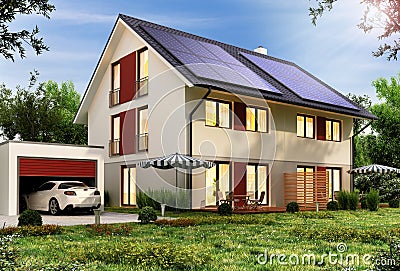 Solar panels on the roof of a modern house with a garage and a car Stock Photo