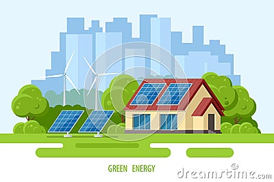 Solar panels on the roof of the modern house. Renewable energy sources. Backup power energy storage system. Ecology home Vector Illustration