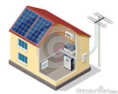 Solar panels on the roof of the modern house. Renewable energy sources. Backup power energy storage system. Ecology home Vector Illustration