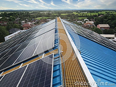 Solar panels on the roof or Photovoltaic panels in front of in the community area, solar power, Photo from smart phone Stock Photo