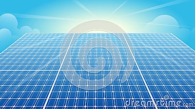 Solar Panels, Solar Power, Sun, Blue Sky Vector Illustration