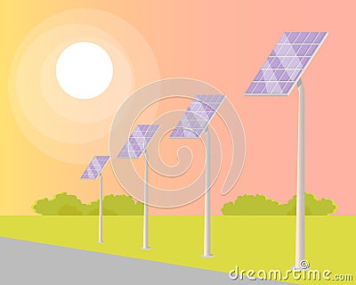 Solar Panels Turned to Shining Sun along Road Vector Illustration