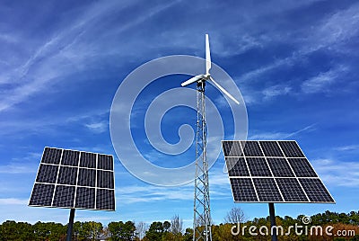 Solar panels and wind energy turbine power station Stock Photo