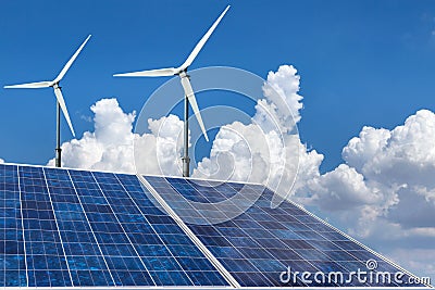 Solar panels and wind turbines alternative energy Stock Photo