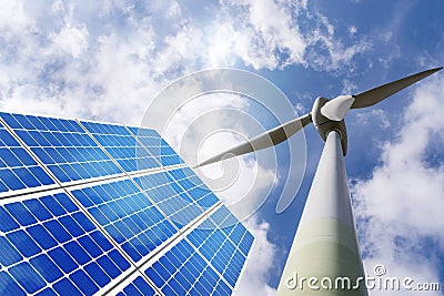 Solar panels and wind turbines with blue sky Stock Photo