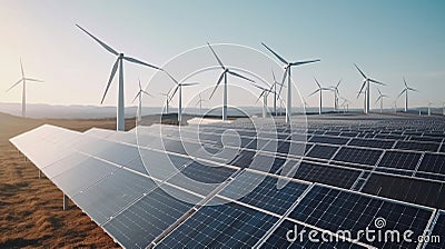 Solar panels wind turbines installed as renewable energy sources for electricity and power supply. Innovation and technology, Stock Photo