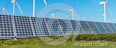 Solar panels, wind turbines, sky and grass Cartoon Illustration